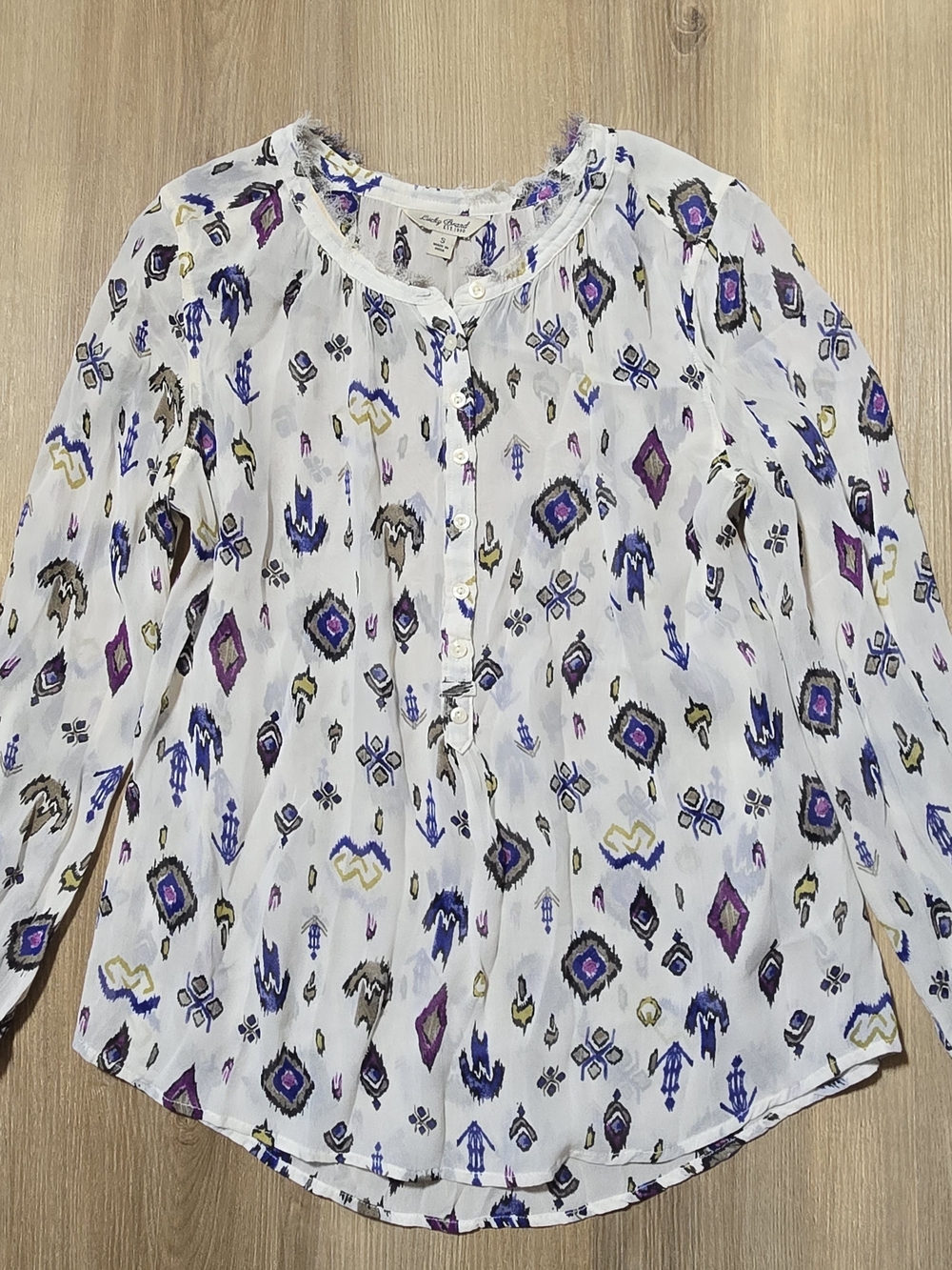 Lucky Brand White Blouse with Purple & Blue Ikat Print